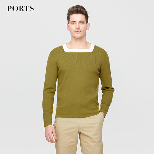 PORTS宝姿毛衣男春款男装衣服长袖圆领套头休闲针织衫男 015-CAMEL/WHITE  L