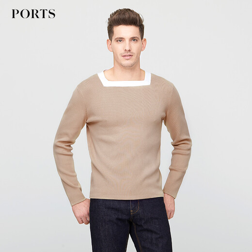 PORTS宝姿毛衣男春款男装衣服长袖圆领套头休闲针织衫男 015-CAMEL/WHITE  L