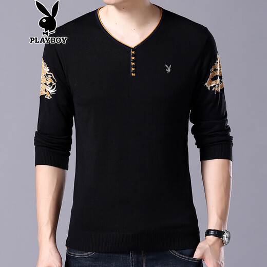 Playboy Spring and Autumn V-neck Long Sleeve T-shirt Base Shirt Large Size Middle-aged and Young Thin Knitted Sweater Chicken Heart-neck T-shirt Top ZMF6625 Black 165/M