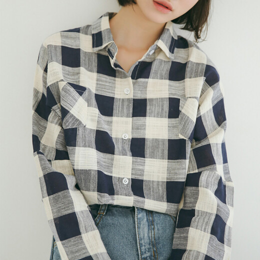 JOYOFJOY Korean large plaid plaid loose cotton and linen long-sleeved shirt shirt casual women JWCC178244 navy blue one size