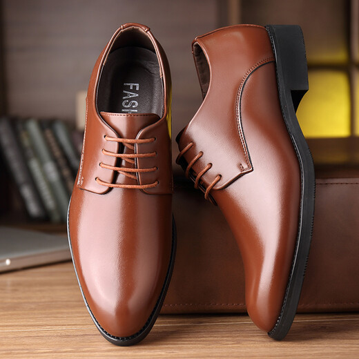 Dragonfly brand men's leather shoes cowhide business formal casual youth point-toe shoes heightening British heightening lace-up men's shoes brown 42