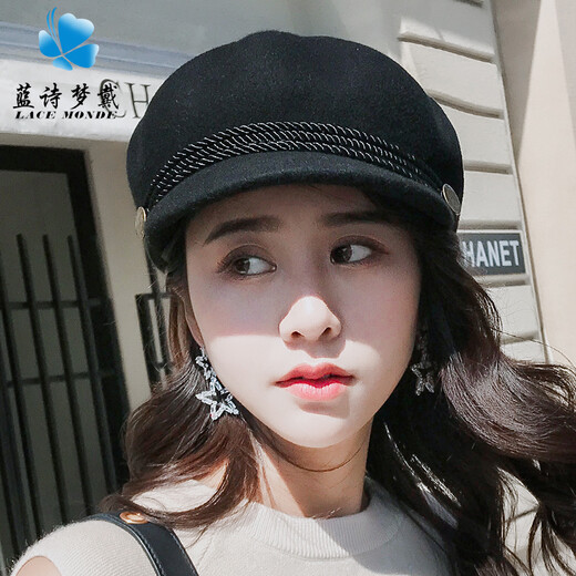 蓝诗梦戴羊毛鸭舌帽女时尚秋冬英伦贝雷帽毛呢八角帽子女礼帽蓓蕾帽保暖 装饰绳款-黑色（全羊毛）