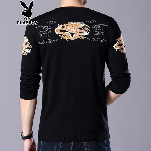 Playboy Spring and Autumn V-neck Long Sleeve T-shirt Base Shirt Large Size Middle-aged and Young Thin Knitted Sweater Chicken Heart-neck T-shirt Top ZMF6625 Black 165/M