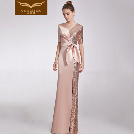 Creative fox autumn and winter ladies banquet evening dress women's long dress fashionable and sexy deep V-neck dress short-sleeved dress European and American style slim fishtail slit skirt pink L