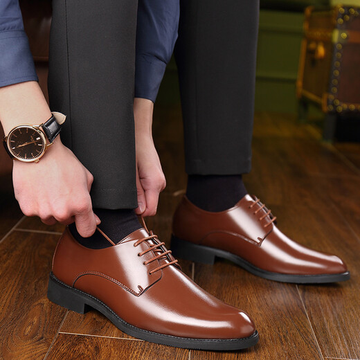 Dragonfly brand men's leather shoes cowhide business formal casual youth point-toe shoes heightening British heightening lace-up men's shoes brown 42