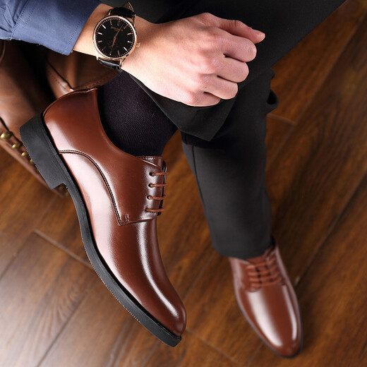 Dragonfly brand men's leather shoes cowhide business formal casual youth point-toe shoes heightening British heightening lace-up men's shoes brown 42