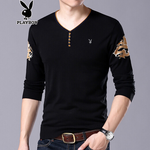 Playboy Spring and Autumn V-neck Long Sleeve T-shirt Base Shirt Large Size Middle-aged and Young Thin Knitted Sweater Chicken Heart-neck T-shirt Top ZMF6625 Black 165/M