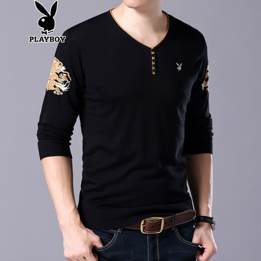 Playboy Spring and Autumn V-neck Long Sleeve T-shirt Base Shirt Large Size Middle-aged and Young Thin Knitted Sweater Chicken Heart-neck T-shirt Top ZMF6625 Black 165/M