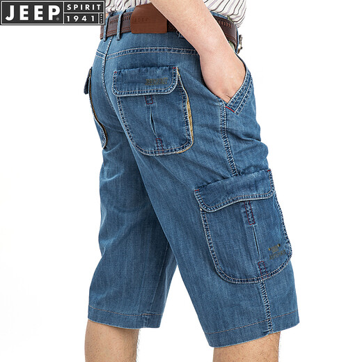 JEEP SPIRIT吉普休闲牛仔短裤男直筒宽松夏季七分裤多口袋工装中裤753 浅蓝753 30