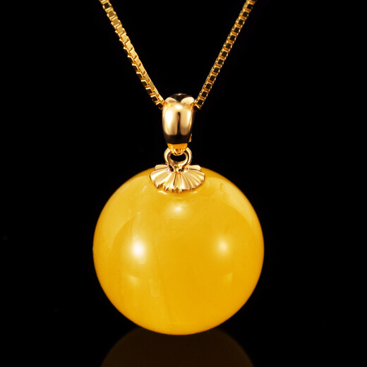 Ouchini 18K gold beeswax bead pendant for women, Baltic amber bead gold inlaid chicken fat yellow beeswax necklace 10mm bead pendant 925 silver chain (need to be customized)