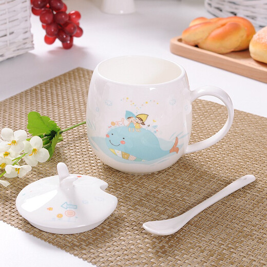 Houhai Cup Ceramic Couple Mug Bone China Cup European Style Office Coffee Cup Cute Children's Drinking Cup with Lid Spoon Pangpang Cup-Flower Cover Blue Whale/400ML Microwaveable