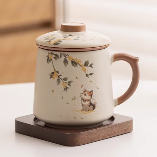 Jinpan Ru Kiln Ceramic Tea Cup Personal High-end Tea Separator Cup with Cover and Handle Teapot Office Home Ru Kiln Tea Cup + Walnut Coaster