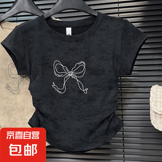 女童短袖t恤夏季新款中大童洋气印花蝴蝶结收腰弹力纯棉圆领上衣 黑色【蝴蝶结】 160