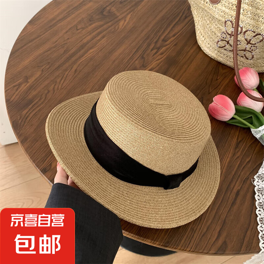 
2025 new French flat top straw hat women's big head fence beach beach top hat knitted sun protection hat summer black silk belt