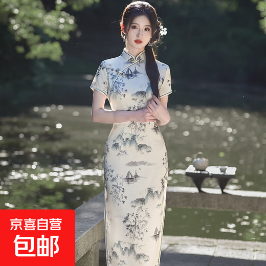 Ink-painted satin modified cheongsam for everyday girls, slim-fitting stand-up collar and temperament long national style dress JQ15 ink XL (120-130Jin Jin is equal to 0.5kg)