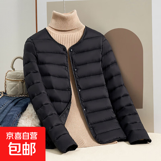 Lightweight cotton coat for women, warm inner liner, short large size slim coat, autumn and winter round neck jacket for women, black 3XL recommended 110-125Jin Jin is equal to 0.5 kg