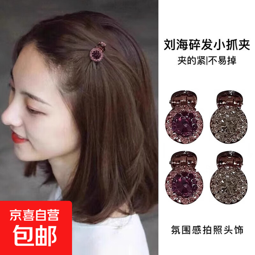 Flash diamond mini small clip for women with bangs, forehead broken hair, side hair clips, princess hair clip, small clip on top of head, gray + purple four-piece set, 4 pieces