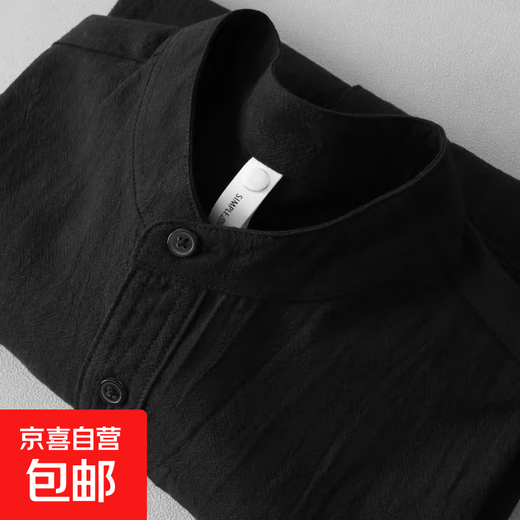 Stand collar white short-sleeved shirt for men Japanese style stand collar three-quarter sleeve outdoor lightweight Henry collar textured fashion shirt black upgraded linen fabric 2XL