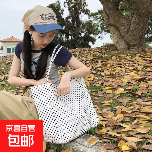 大容量少女帆布包ins波点新款百搭单肩包学生上课通勤包包托特包 白色波点单肩包 加固加厚高品质耐用