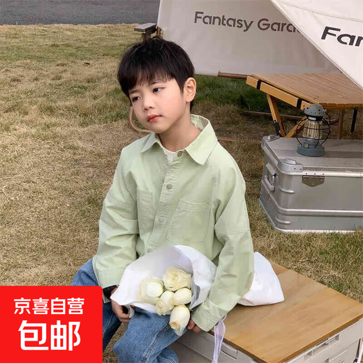 Children's clothing boys' contrasting line shirts 2025 new children's shirts spring and autumn styles for medium and large children long-sleeved trendy autumn tops green 130