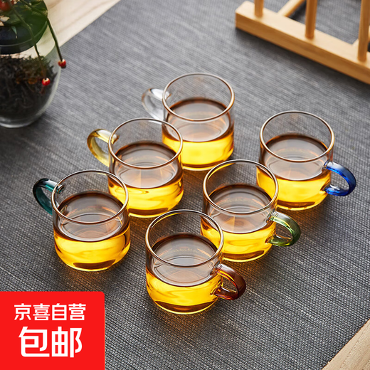 Glass colored handle cup, tea cup, flower tea set, explosion-proof and heat-resistant small cup, 100ml, 4 pieces (transparent handle)