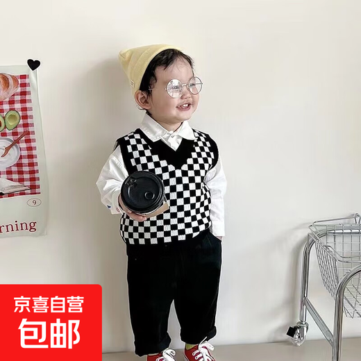 Checkerboard Vest Children's Wool Vest 2025 Winter New Style Girls' Style Vest Plus Velvet Sweater Top Black BF073 Plaid Vest 110