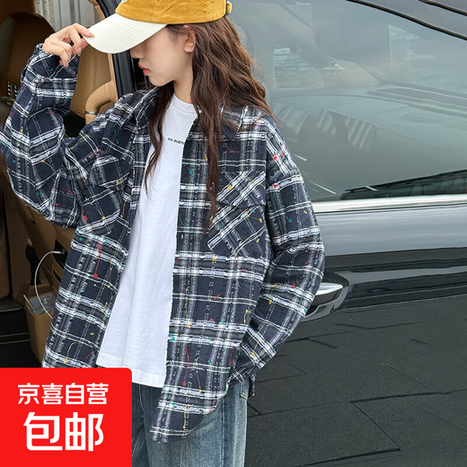 BJT Girls' Shirt 2025 Autumn New Children's Retro American-style Splash Jacket Big Children's Spring and Autumn Fashionable Top Navy Blue 160 cm