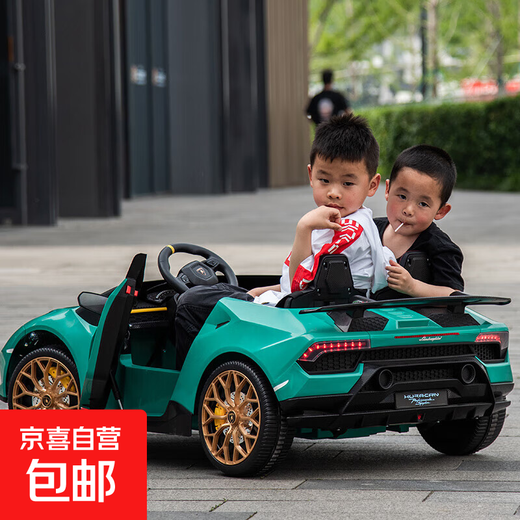 Lamborghini parent-child children's electric car four-wheel car remote control toy car can seat children and bring internet celebrity sports car green 24V four-drive + leather seat + foam soft wheels + Bluetooth music