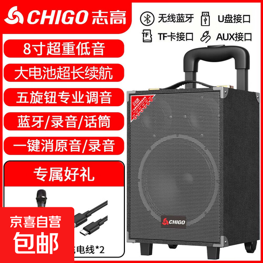 CHIGO Trolley Square Dance Audio Outdoor Karaoke Bluetooth Speaker Special Large Volume Mobile Stage High-Power Stall Heavy Bass High-end Home Mobile Portable Amplifier 8-inch Wooden Box (15-inch Combination Speaker) + Single Rechargeable Microphone