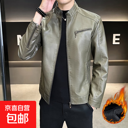 男士高档立领皮衣秋冬季新款时尚痞帅夹克加绒加厚休闲百搭皮夹克 军绿色 【加厚】 L
