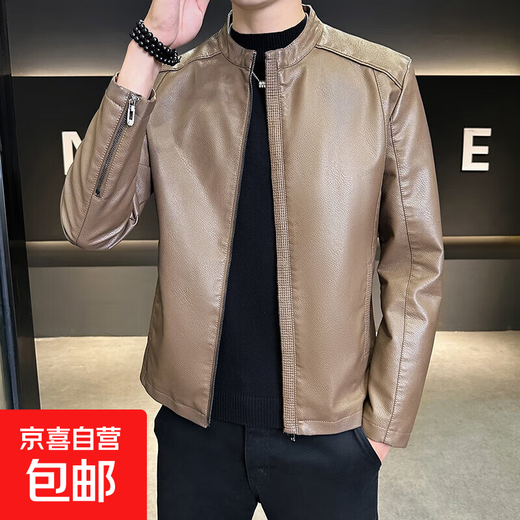 High-end stand-up collar leather jacket for men in autumn and winter new fashion casual black leather jacket velvet thickened versatile jacket khaki XL