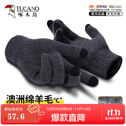 Woodpecker (TUCANO) wool gloves men's autumn and winter outdoor fashion touch screen cold-proof and warm thickened cycling and driving knitted wool gloves