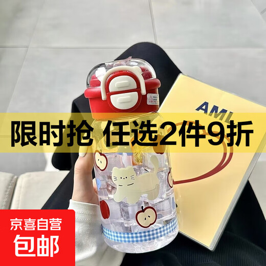 Internet celebrity ins style portable plastic water cup cartoon large capacity straw cup double drinking student male and female red apple cat 500ml