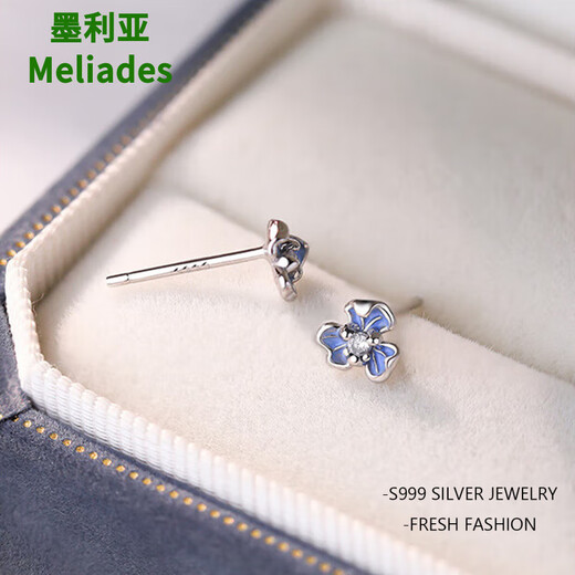 Meliades glue blue small fresh iris flower earrings for women s999 sterling silver Korean style fashionable zircon ear wire tassel earrings iris flower earrings_light blue S999 pure silver S999 sterling silver