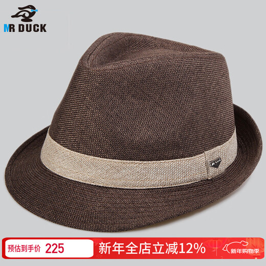Mr DUCK British Gentleman Hat Curly Top Hat Middle-aged Jazz Hat High-end Hat Men's Summer Sunscreen Straw Hat Large Head Circumference Brown (Adjustable Hat Circumference)-MS13014 M (Suitable for 56-58cm head circumference)