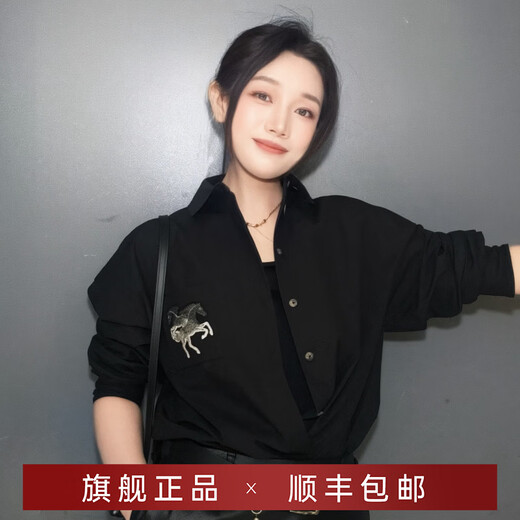 GIRDEAR's new style exquisite three-dimensional printed casual versatile long-sleeved women's simple shirt 1300989 Black S (2)