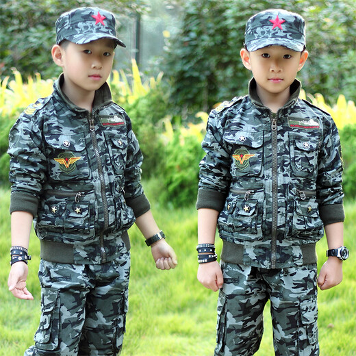 兵童勇士春秋新款女童男童迷彩服套装儿童军训服休闲运动装中大童学生外套 丛林迷彩配五角星帽 120码适合125CM身高