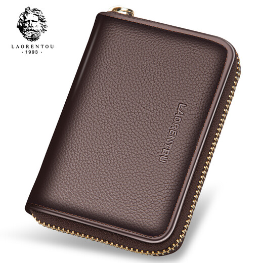 Old man's head men's card holder multifunctional genuine leather wallet first layer cowhide simple large capacity coin purse multiple card slots youth card holder 321J005L9A black