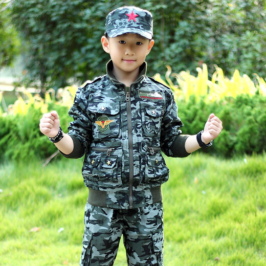 兵童勇士春秋新款女童男童迷彩服套装儿童军训服休闲运动装中大童学生外套 丛林迷彩配五角星帽 120码适合125CM身高