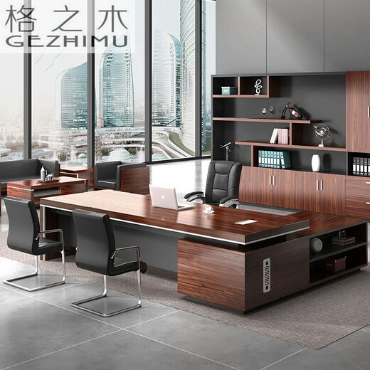 Grid wood boss desk office desk simple modern executive desk and chair combination bookcase president desk manager desk supervisor desk available in stock red walnut (left cabinet) total length 2.6*0.9 meters thickened boss desk