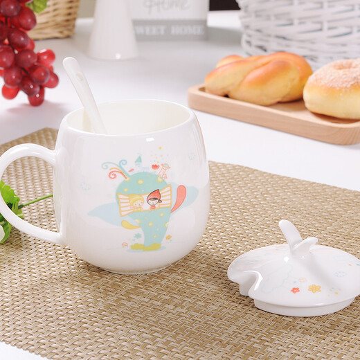 Houhai Cup Ceramic Couple Mug Bone China Cup European Style Office Coffee Cup Cute Children's Drinking Cup with Lid Spoon Pangpang Cup-Flower Cover Blue Whale/400ML Microwaveable