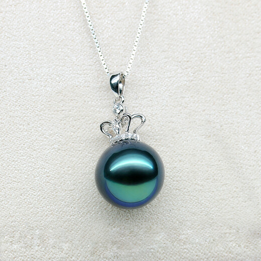 Jane 18K gold diamond crown Tahitian black pearl pendant, round seawater pearl necklace pendant, fashionable and light luxury, black and green flawless 12-13MM