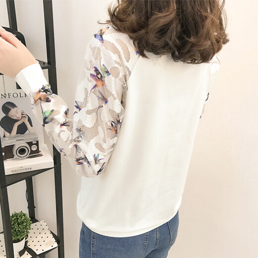 JOYOFJOY2020 Autumn Women's Korean Style Casual Hollow Long Sleeve T-Shirt Women's Printed Loose Top JWTC186146 Long Sleeve White M