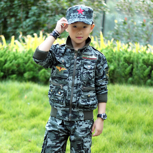 兵童勇士春秋新款女童男童迷彩服套装儿童军训服休闲运动装中大童学生外套 丛林迷彩配五角星帽 120码适合125CM身高