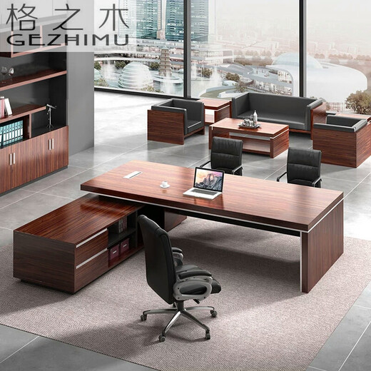 Grid wood boss desk office desk simple modern executive desk and chair combination bookcase president desk manager desk supervisor desk available in stock red walnut (left cabinet) total length 2.6*0.9 meters thickened boss desk