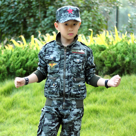 兵童勇士春秋新款女童男童迷彩服套装儿童军训服休闲运动装中大童学生外套 丛林迷彩配五角星帽 120码适合125CM身高
