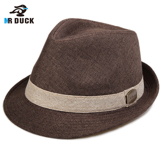 Mr DUCK British Gentleman Hat Curly Top Hat Middle-aged Jazz Hat High-end Hat Men's Summer Sunscreen Straw Hat Large Head Circumference Brown (Adjustable Hat Circumference)-MS13014 M (Suitable for 56-58cm head circumference)