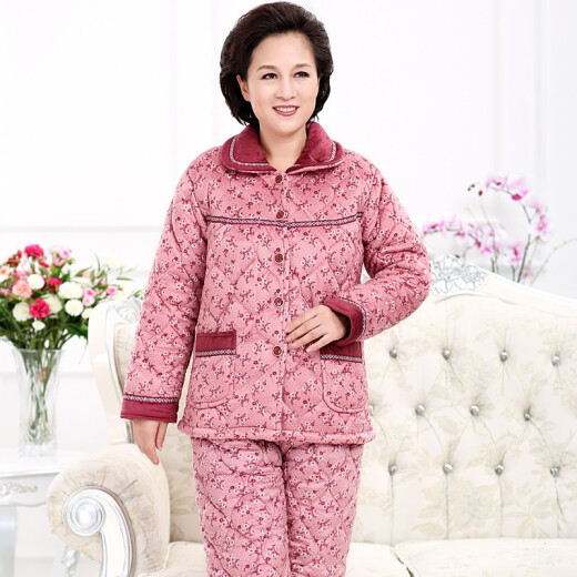 Only poetry winter coral velvet quilted middle-aged and elderly pajamas women's thickened velvet warm pajamas middle-aged mother and the elderly home clothes suit large size outer cotton-padded jacket maroon floral 72XL size (120-140Jin [Jin equals 0.5 kg])