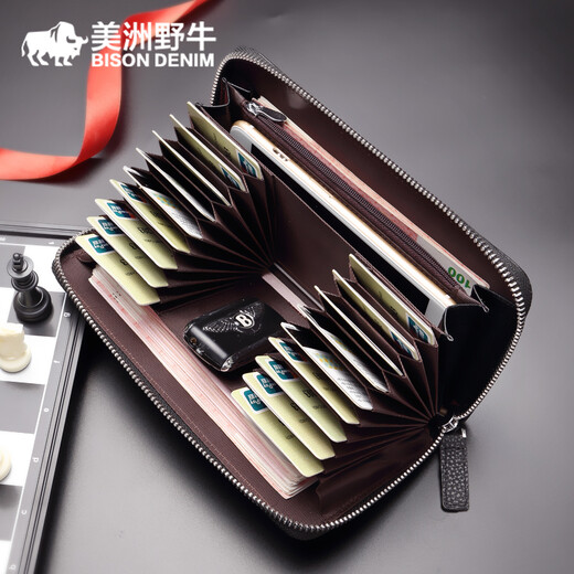 American Bison Card Holder Men's Multiple Card Slots Long Men's Wallet Business Card Holder Genuine Leather Zipper Card Holder Driver's License Cover Wallet Brown