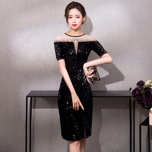 Xue Baolian temperament small evening dress skirt for women 2020 new banquet sexy slim fishtail short black dinner lady party birthday party annual meeting host dress daily black short S